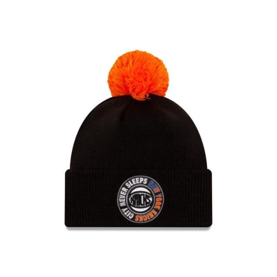 Black New York Knicks Hat - New Era NBA City Edition Pom Knit Beanie USA1790265